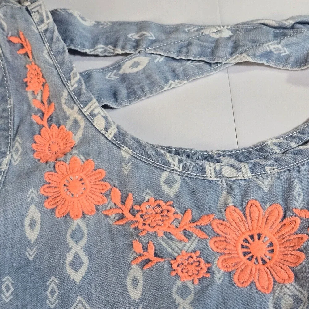 Justice Sleeveless Dress‎ Kids 12 Blue Geometric Boho Floral Embroidered Core